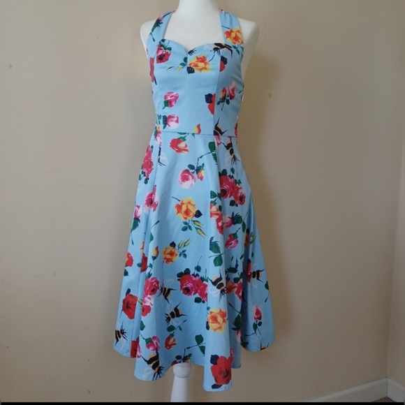 ANNI COCO HALTER 1950S FLORAL BEE PRINT ROCKABILLY COCKTAIL SWING DRESS SIZE S - Picture 14 of 16
